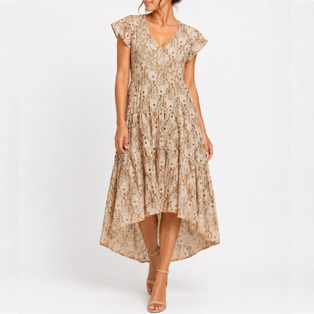 Reba Women M Beige Floral Lace Hi Low Maxi Dress Embroidered Tiered Boho